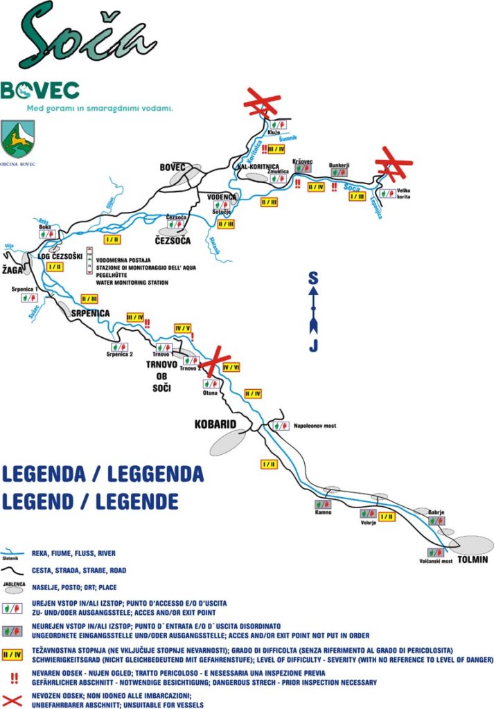 Streckenkarte der Soča mit Ein- und Ausstiegsstellen